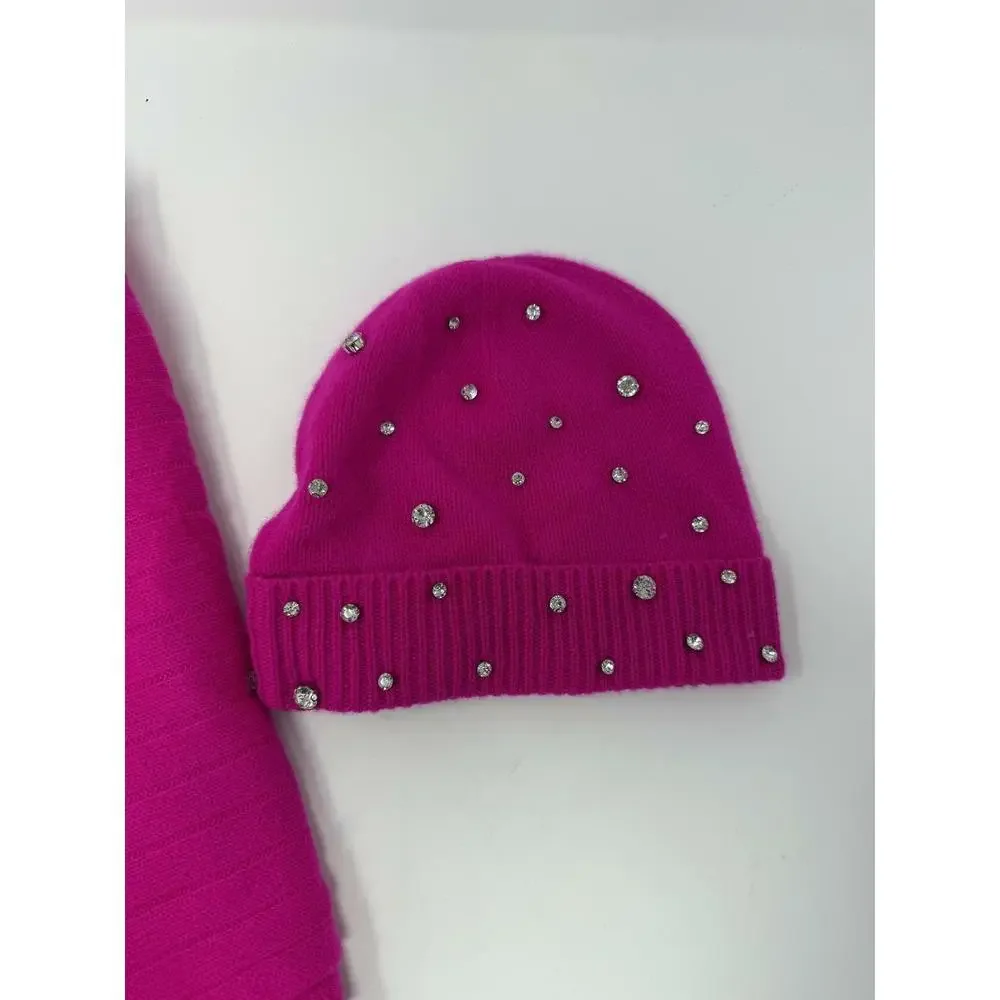 Charter Club Pink Ribbed Cashmere Scarf and Embellished Pink Beanie One Size